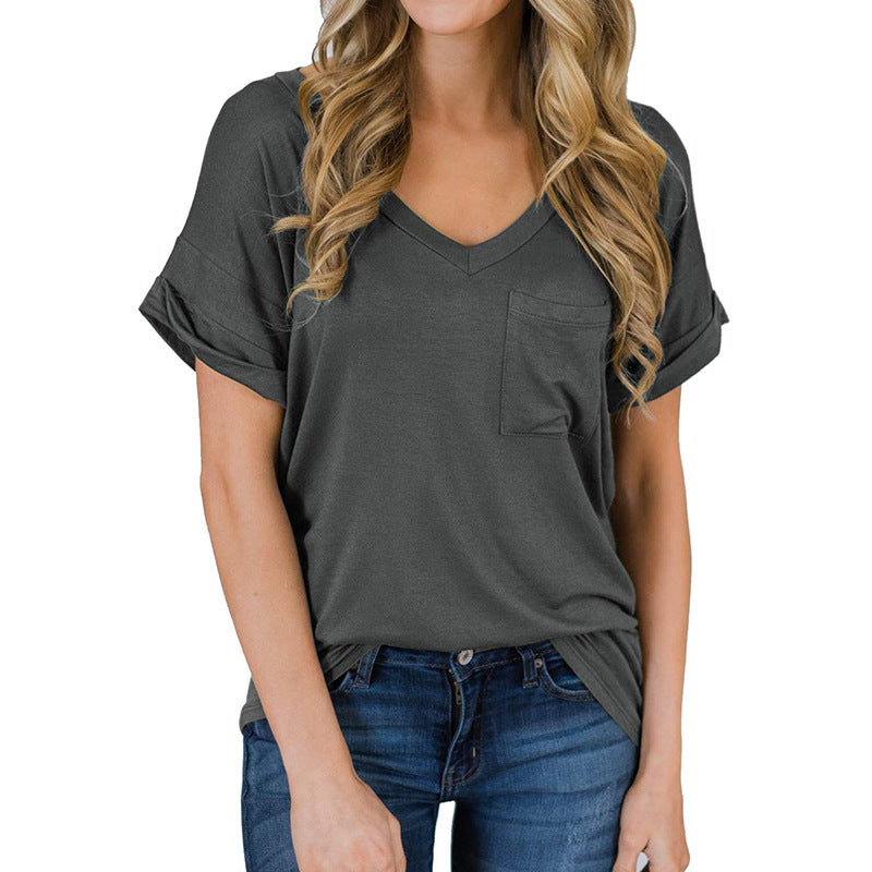 Wholesale Women's Summer Loose Casual V-neck Polyester Short Sleeves